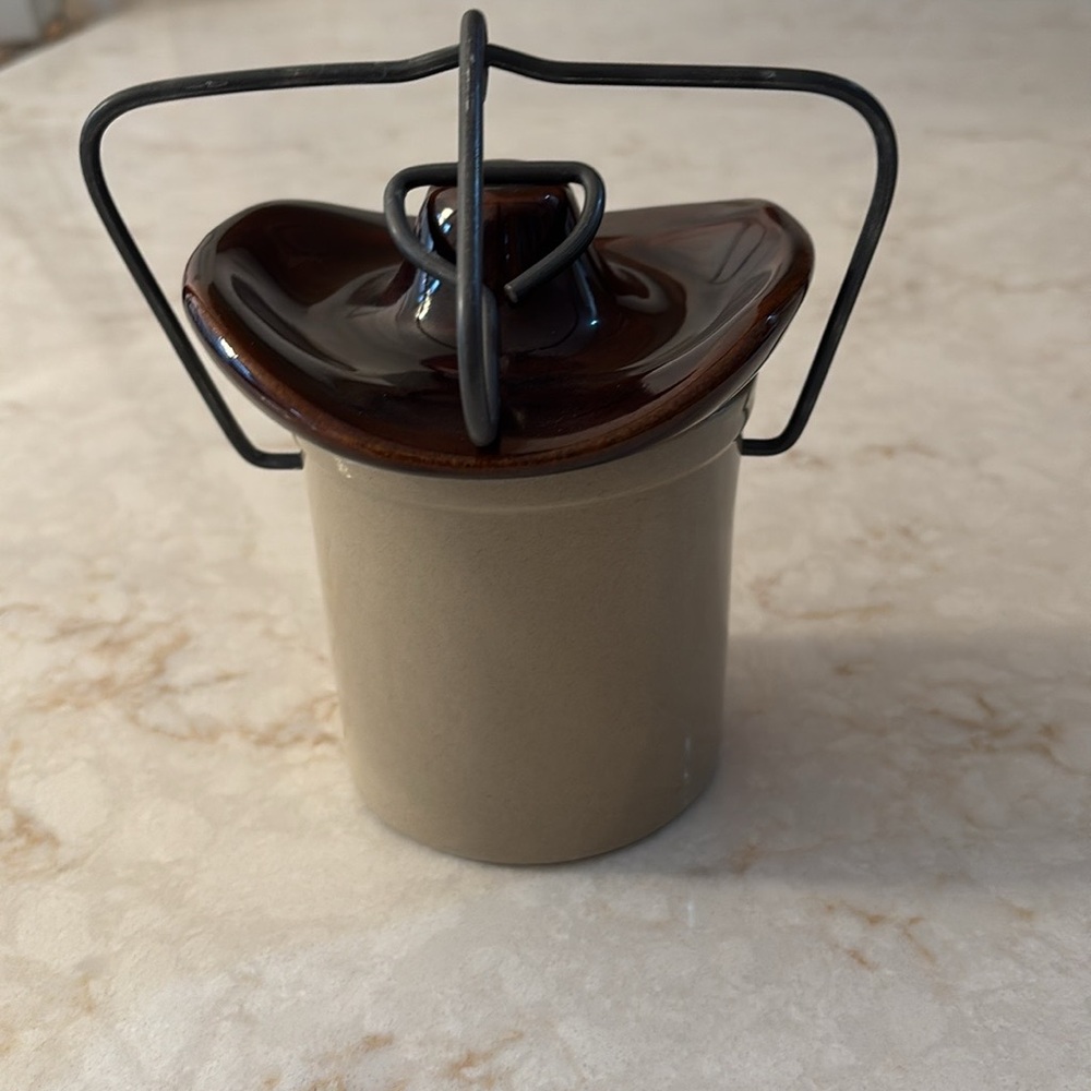 Ceramic Jug with Brown Lid and Wire Handle
